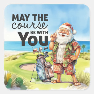 Sticker Carré Golf Noël d'été avec le Père Noël au drapeau