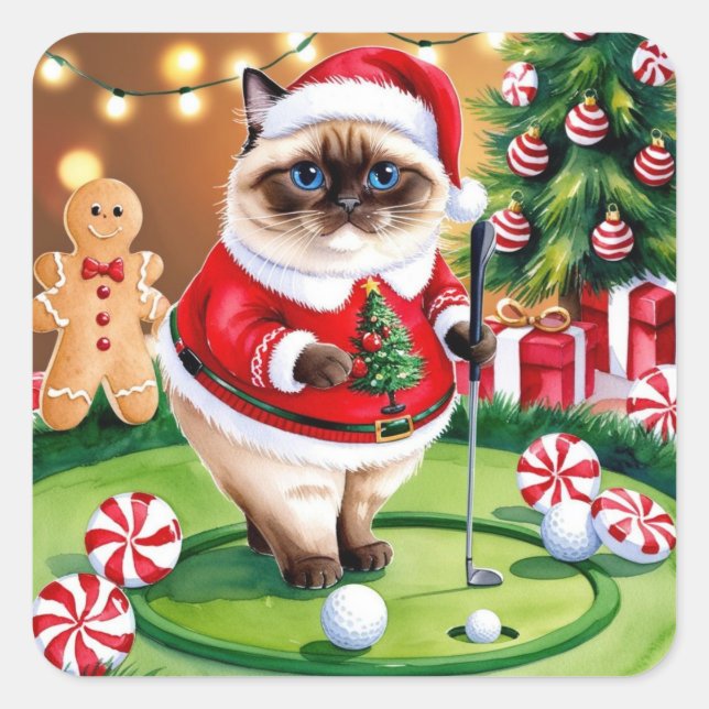 Sticker Carré Golf Noël thème pour Amoureux des chats Golfer (Devant)
