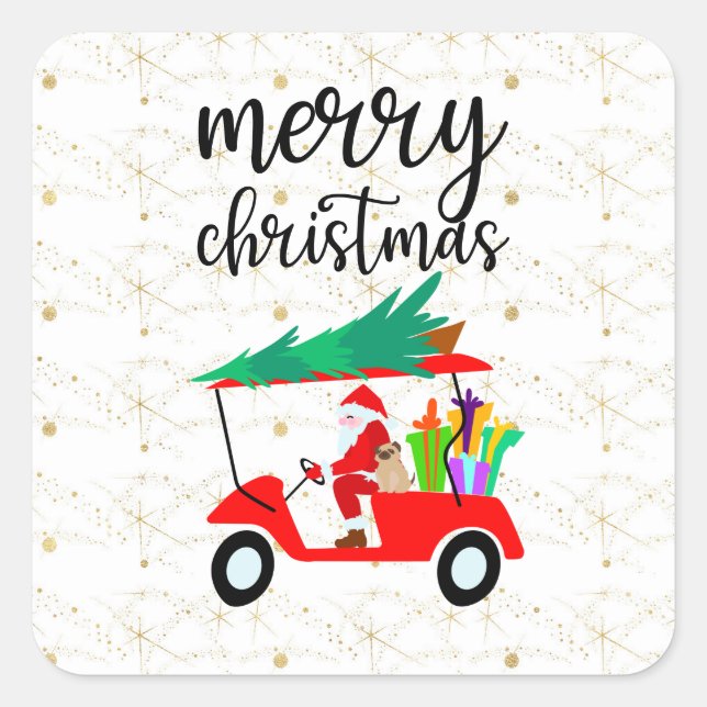 Sticker Carré Golf Santa Claus en voiturette rouge sapin de Noël (Devant)