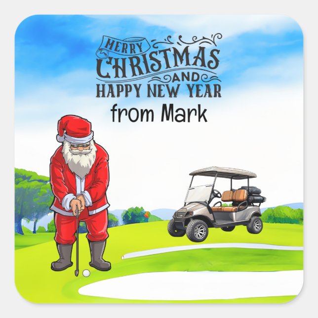 Sticker Carré Golf Santa Claus est golfeur à Noël (Devant)