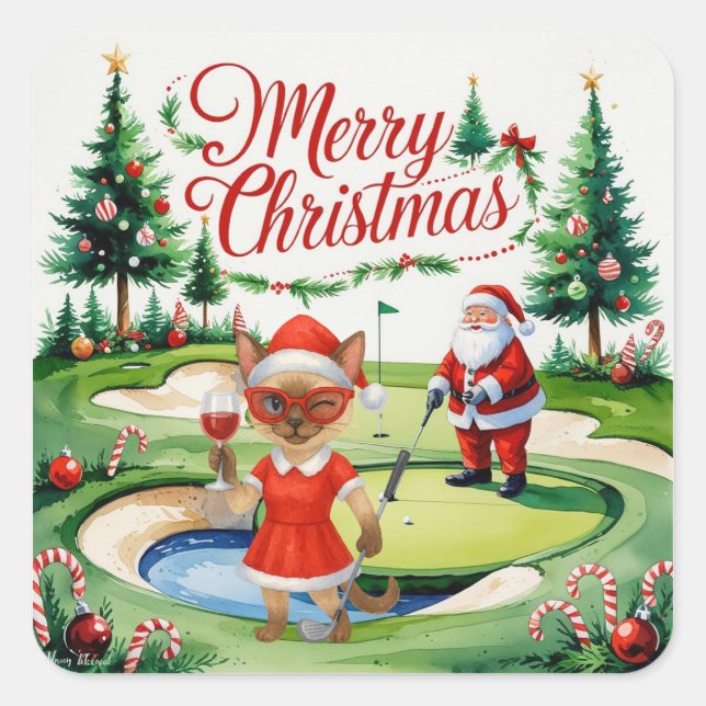 Sticker Carré Golf Siamese Chat est en Noël Golf Course (Devant)