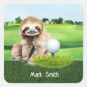 Sticker Carré Golf Sloth Golfer à l'herbe verte