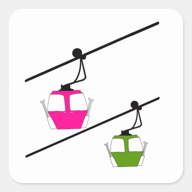 Sticker Carré Gondolas roses et vertes avec skis (Devant)