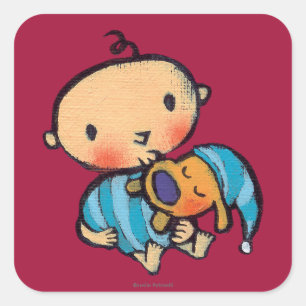 Sticker Carré Goodnight Kisses Adorable Chiot en Pyjama Bleu