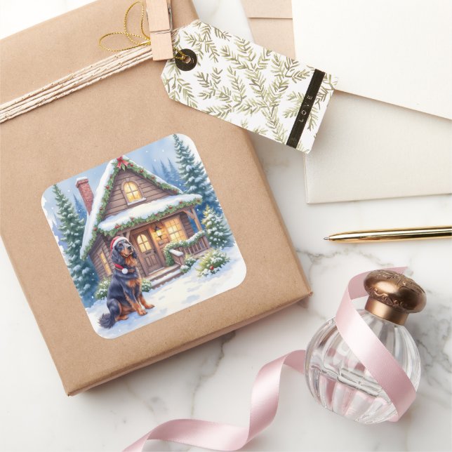 Sticker Carré Gordon Setter Snowy Lodge Santa Hat Christmas Art (Cadeaux)