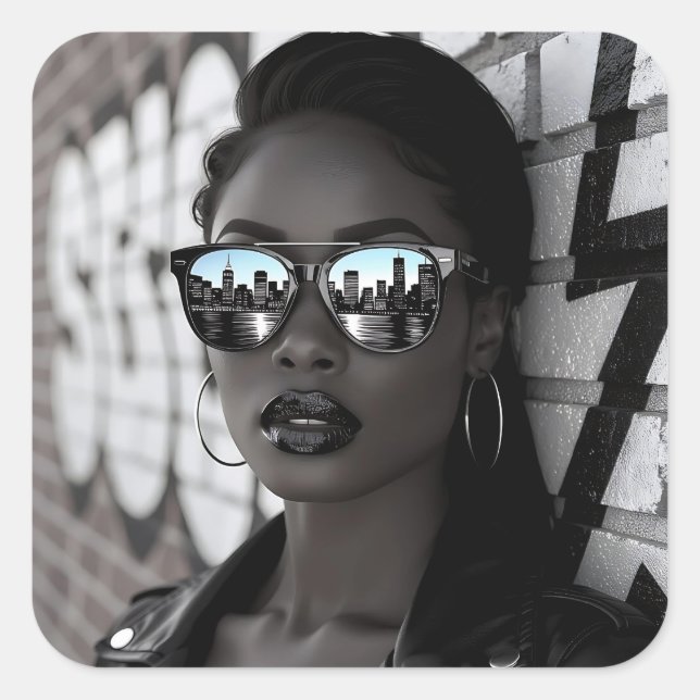 Sticker Carré Gorgous Woman in City with Sunglasses (Devant)