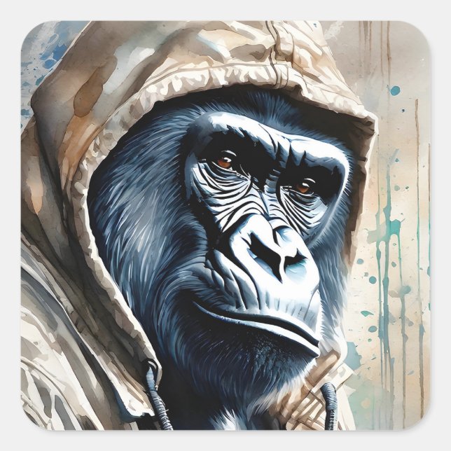 Sticker Carré Gorilla Splatter Art Aquarelle Portrait Pose (Devant)