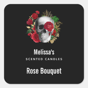 Sticker Carré Goth Crâne avec Fleurs rouges bougie Biz Carré