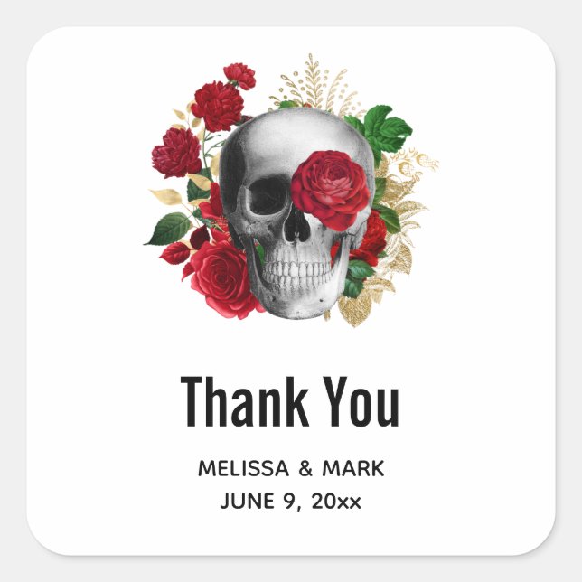 Sticker Carré Goth Crâne avec Fleurs rouges Mariage Merci (Devant)
