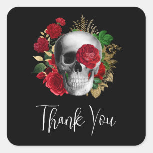 Sticker Carré Goth Crâne avec Merci de fleurs rouges