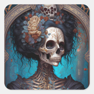 Sticker Carré Goth Skeleton Skull Woman Gothique