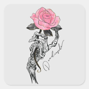 Sticker Carré Goth Squelette Main Avec Rose Rose Rose Décès à
