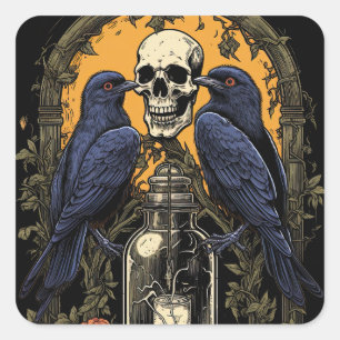 Sticker Carré Goth vintage Skeleton Ski Corbeau Poison Halloween