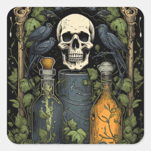 Sticker Carré Goth vintage Skeleton Ski Corbeau Poison Halloween