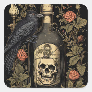 Sticker Carré Goth vintage Skeleton Ski Corbeau Poison Halloween