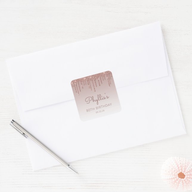 Sticker Carré Goutte de Paillettes Rose Gold 80e Anniversaire (Enveloppe)