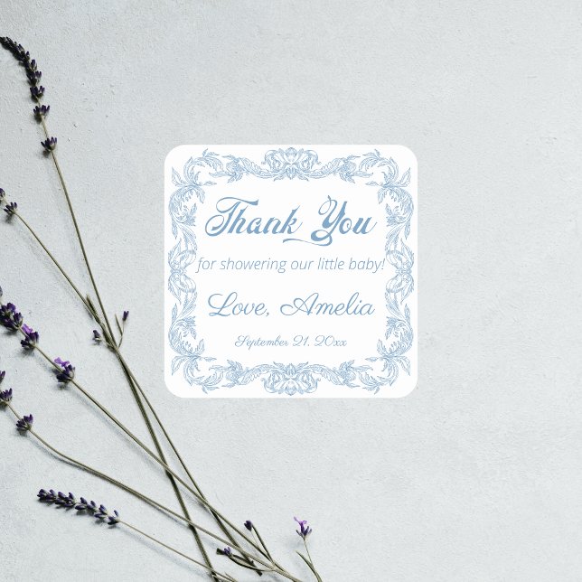 Sticker Carré Gracieux Baby shower bleu baroque Dusty (Créateur téléchargé)