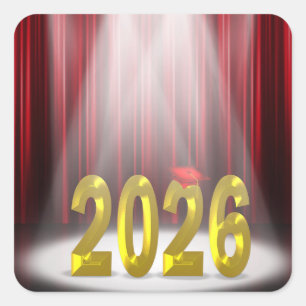 Sticker Carré Graduation 2025 en vedette avec rideaux rouges