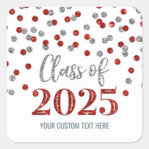 Sticker Carré Graduation Argent Rouge Confetti 2025