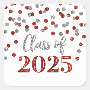 Sticker Carré Graduation Argent Rouge Confetti 2025