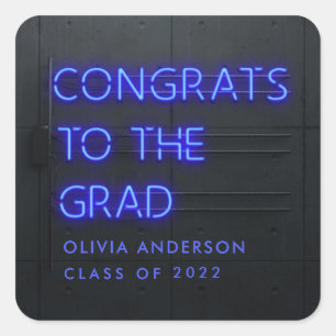 Sticker Carré Graduation néon bleu typographie moderne congrats