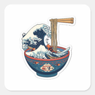 Sticker Carré Grand Bol de Ramen à la Vague Japonaise Art 3D St
