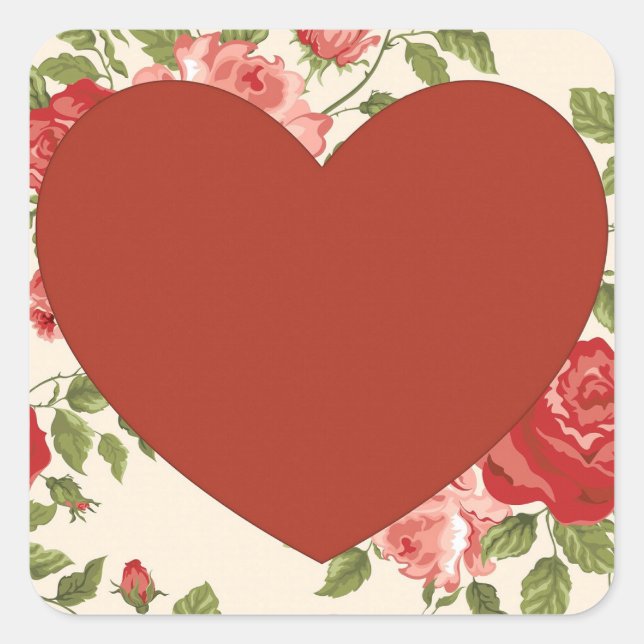 Sticker Carré Grand Coeur rouge et fleurs Arrière - plan Sticke  (Devant)