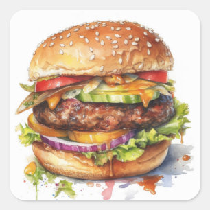 Sticker Carré grand hamburger juteux - aquarelle