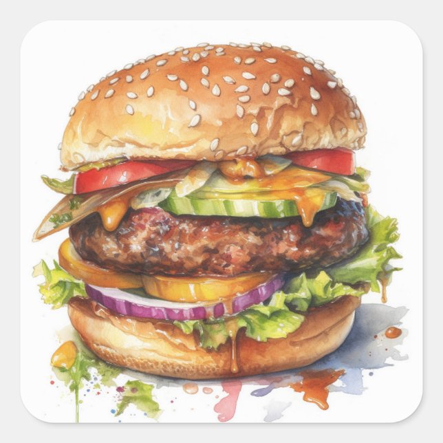Sticker Carré grand hamburger juteux - aquarelle (Devant)