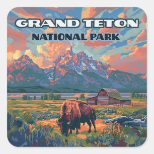 Sticker Carré Grand Teton National Park Mountains Bison Wyoming