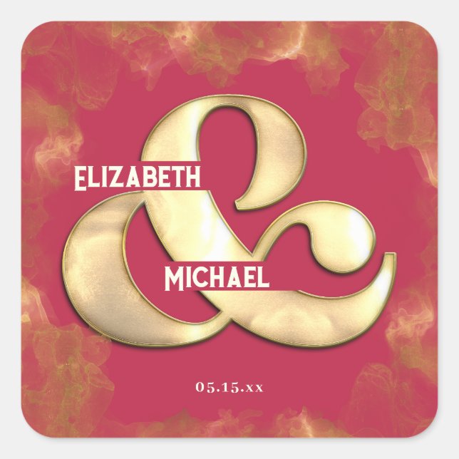 Sticker Carré Gras Élégant Or rose Magenta Mariage personnalisé (Devant)