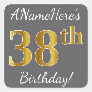 Sticker Carré Gray, Faux Gold 38e anniversaire + Nom personnalis