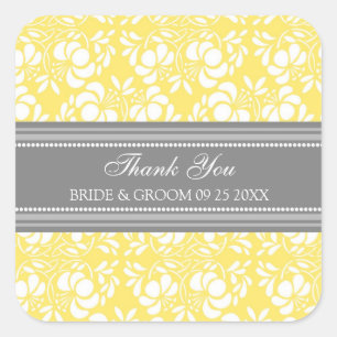 Sticker Carré Gray Lemon Damask Merci Wedding Favor Tags