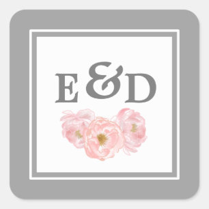 Sticker Carré Gray   Mariage de monogrammes de pivoines roses bl