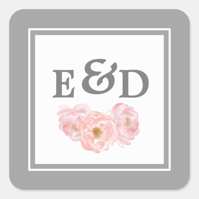 Sticker Carré Gray | Mariage de monogrammes de pivoines roses bl (Devant)