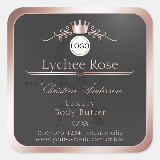 Sticker Carré Gray Product Label Rose Gold Frame Logo Monogram (Devant)