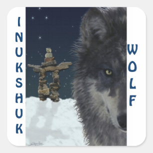 Sticker Carré GRAY WOLF & ARCTIC INUKSHUK Wildlife Supporter Art