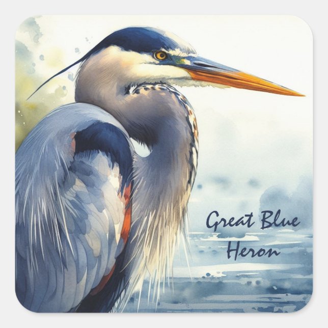 Sticker Carré Great Blue Heron Aquarelle Oiseau Art Zones humide (Devant)
