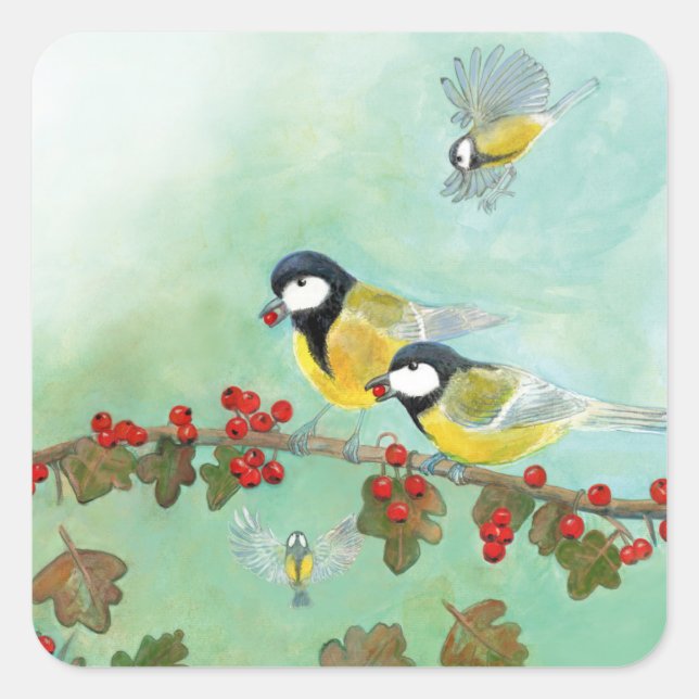 Sticker Carré Great Tit Birds & Hawthorn Red Berries (Devant)