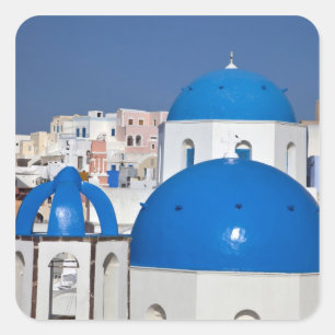 Sticker Carré Grèce, Santorin. Clocher et dômes bleus de