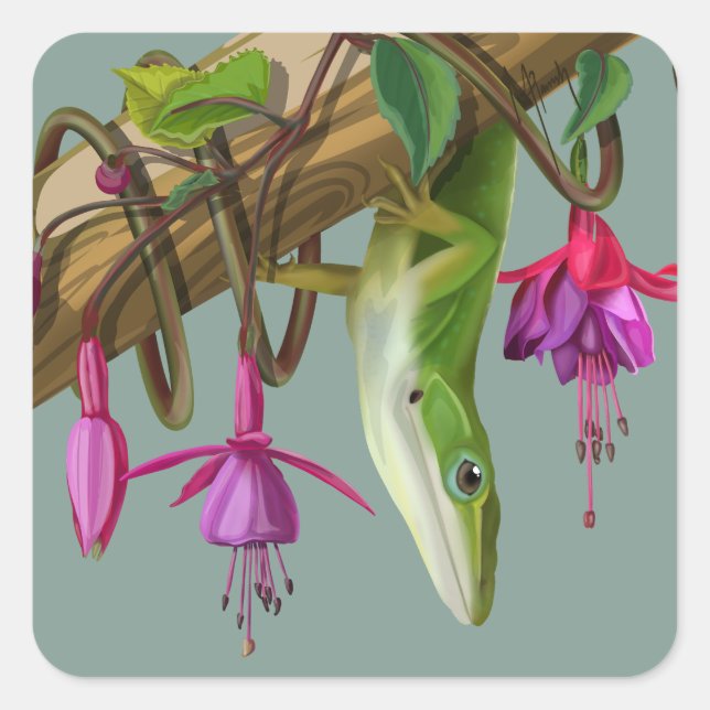 Sticker Carré Green anole with Fuchsias  (Devant)
