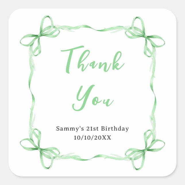 Sticker Carré Green Coquette Ruban Anniversaire Merci (Devant)