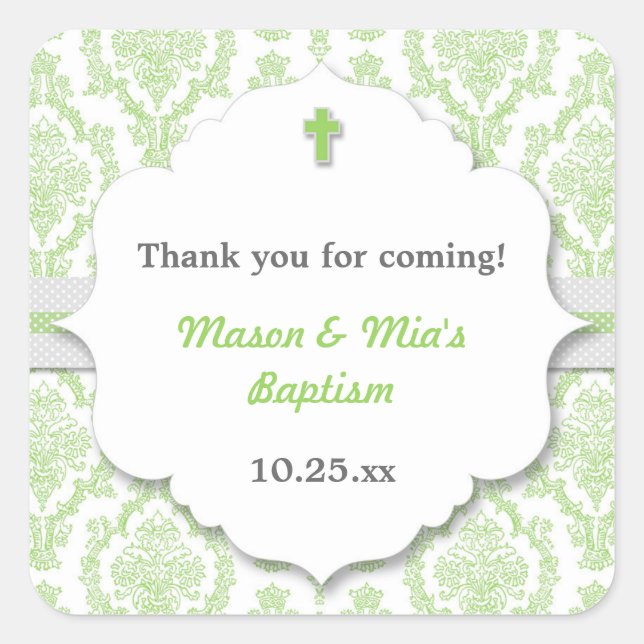 Sticker Carré Green Damask neutre gen Christening Baptême faveur (Devant)