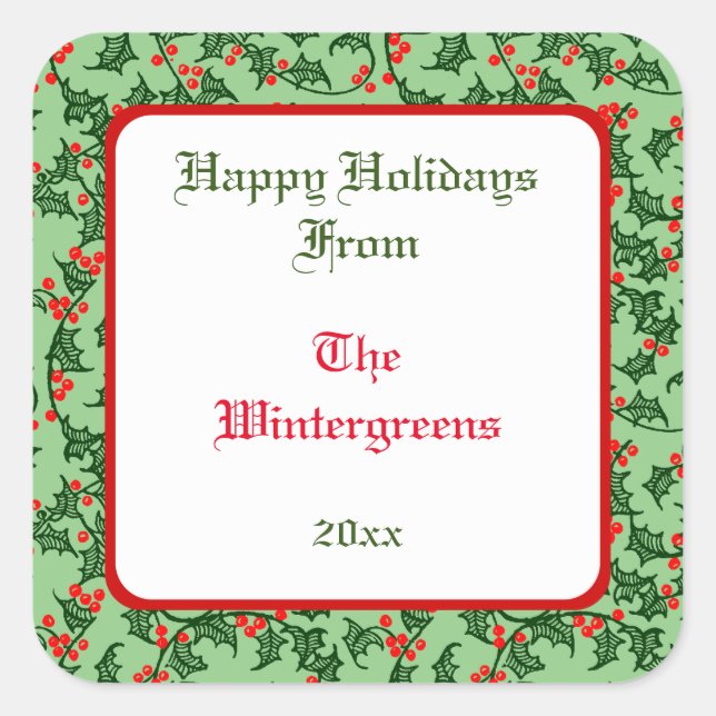 Sticker Carré Green Holly avec Red Berries Editable Gift Taq (Devant)
