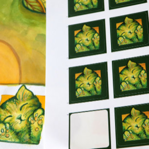 Sticker Carré Green Kitty Chat Caturday Design de chatons d'art