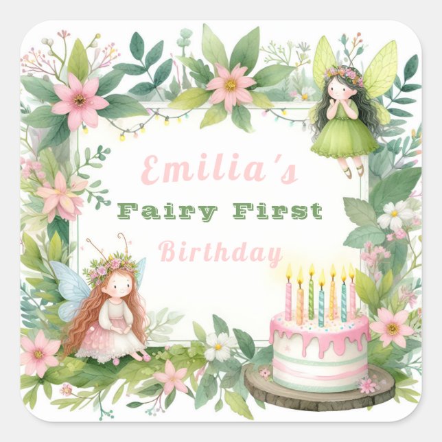 Sticker Carré Green Pastel Fairy Premier anniversaire - (Devant)