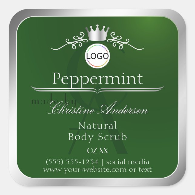 Sticker Carré Green Product Label Silver Frame Logo and Monogram (Devant)