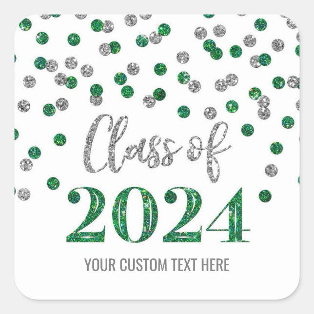 Sticker Carré Green Silver Confetti Graduation 2024 (Devant)