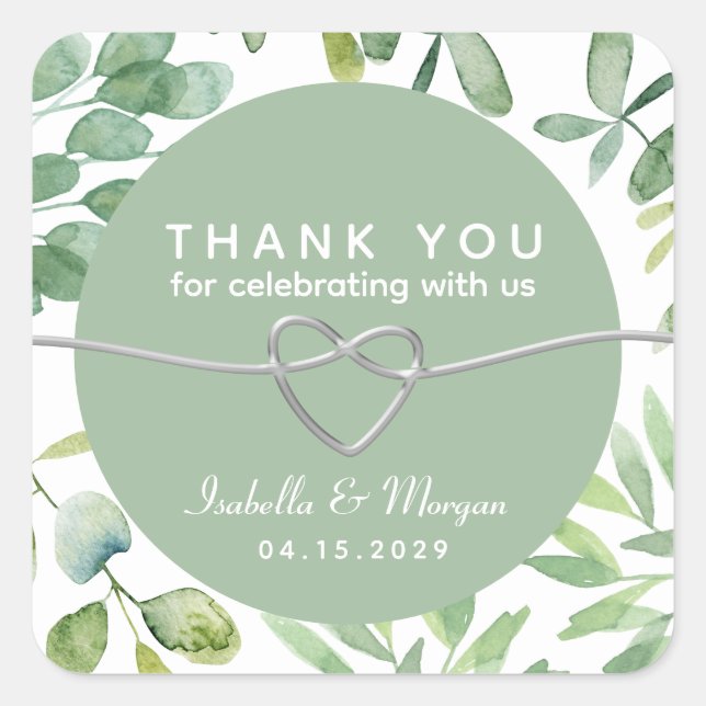Sticker Carré Greenery Eucalyptus Leaves Wedding Thank You (Devant)