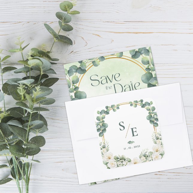 Sticker Carré Greenery Eucalyptus Monogram Botanical Wedding (Greenery Eucalyptus Monogram Botanical Wedding Square Sticker)